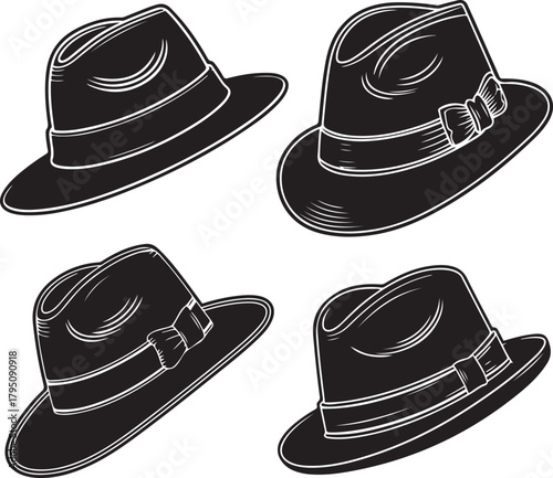 Classic Fedora Hat Silhouette Set Stylish Vintage Head Wear Vector Icons