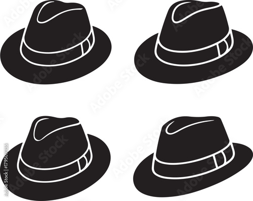 Classic Fedora Hat Silhouette Set Stylish Vintage Head Wear Vector Icons