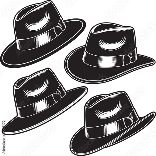 Classic Fedora Hat Silhouette Set Stylish Vintage Head Wear Vector Icons