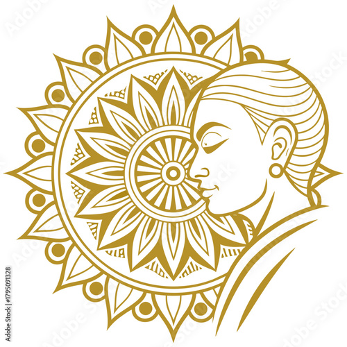 Golden mandala with a meditating woman, radiating elegance and spiritual harmony, a symbol of balance, unity, and inner peace