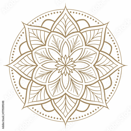 Elegant golden mandala design with circular border, featuring a symmetrical and intricate pattern with leaf elements, radiating spiritual harmony