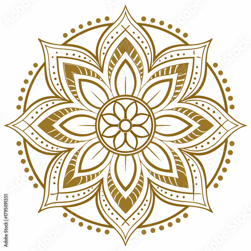 Golden mandala design with circular border, showcasing a symmetrical and intricate pattern with floral elements, radiating elegance and spiritual harmony