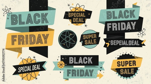 A set of vintage-style promotional ribbons and banners perfect for Black Friday, Cyber Monday, and seasonal retail campaigns. The design features a distressed, grunge texture, a retro color palette