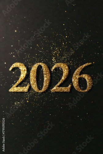 The inscription 2026 in gold sand, glitter, and rhinestones on a black background AI-Generated