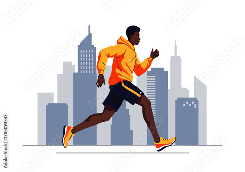 Man running in city with skyscrapers in the background.