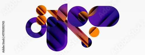 Abstract shapes, purple hues dominate. Orange accents provide contrast, creating dynamic composition. Modern design, clean aesthetic.