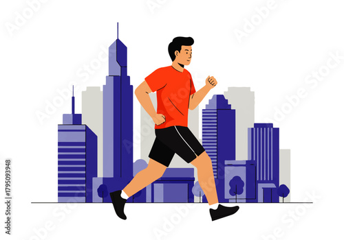 Man running in the city, exercising for health and fitness, with skyscrapers in the background.