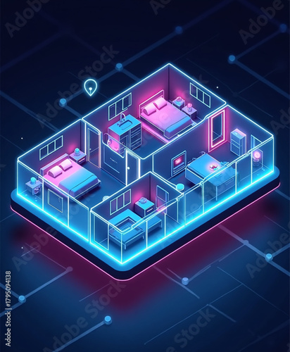 Isometric 3D-lite neon hologram smart home infographic with glowing room indicators for lighting, energy, security, and voice assistant status.