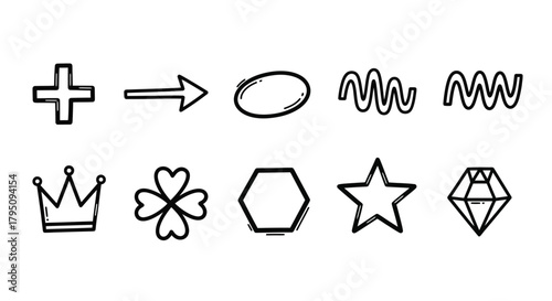 Sketchy Icons Crown, Clover, Hexagon, Star, and Diamond Outline