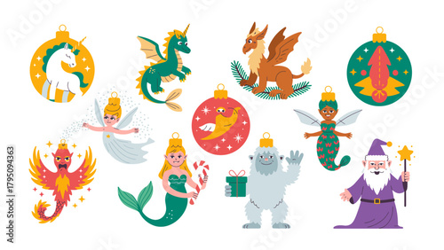 Magical Ornaments of the Imagination: A whimsical array of fantasy creatures and enchanting beings, each elegantly adorning a festive holiday ornament.