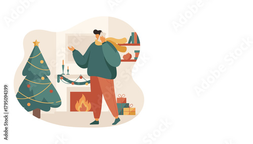 Person talking on smartphone next to Christmas tree and fireplace enjoying winter holidays
