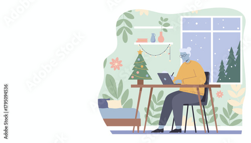 Elderly woman working on laptop at cozy winter home office Remote work technology or holiday activity