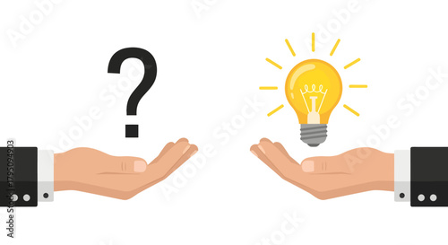 A conceptual illustration showing the transformation of a problem, represented by a hand holding a question mark, into a solution, shown as a hand holding a bright lightbulb