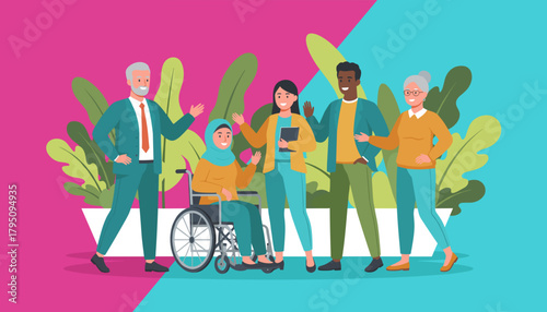 Diverse inclusive business team smiling and waving Equality disability inclusion and teamwork concept