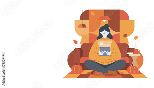 Woman working on a tablet in a cozy autumnthemed room Remote work and fall lifestyle illustration