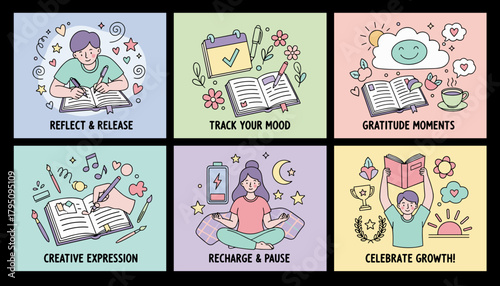 Selfcare and wellness routine illustrations journaling tracking meditation and creative expression