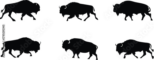 Majestic herd of bison silhouettes in dynamic motion, evoking the spirit of the American West, perfect for branding, logos, or wildlife designs