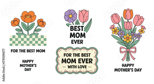 Vector Mother's Day Floral Design Set with Flowers and Greetings