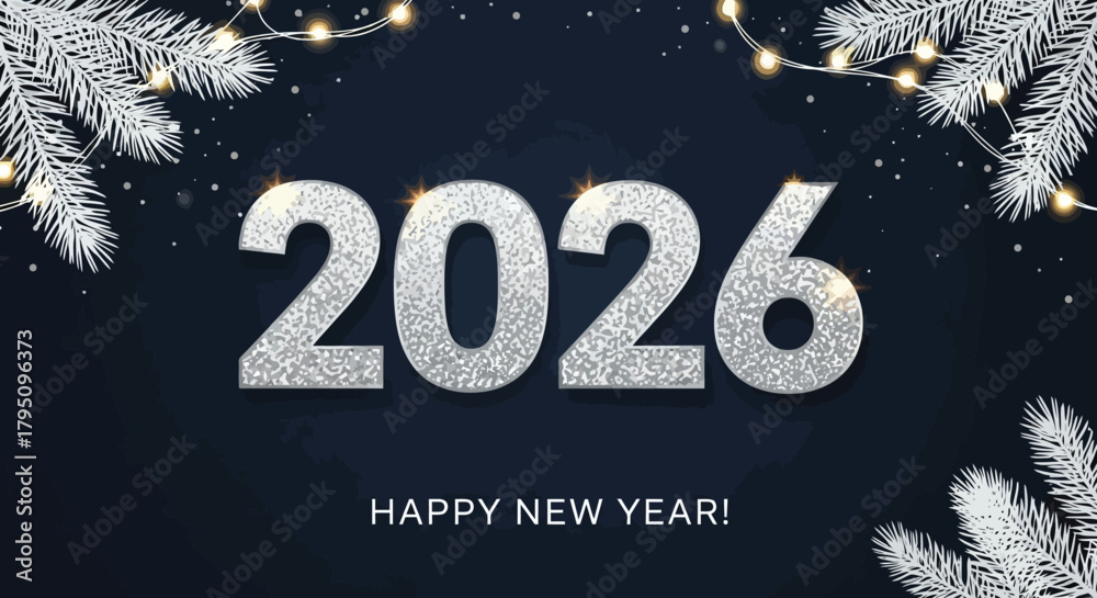 Fototapeta premium Festive 2026 New Year's Celebration with Sparkling Silver Digits and Garland