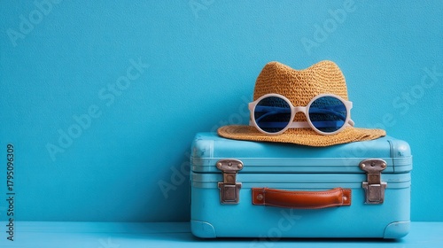 Vintage suitcase hat and sunglasses on bright blue background