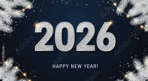 Glittering Silver 2026 New Year Design with Festive Pine Branches and String Lights