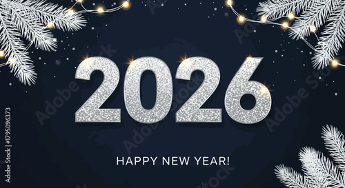 Festive 2026 New Year's Celebration with Sparkling Silver Digits and Garland