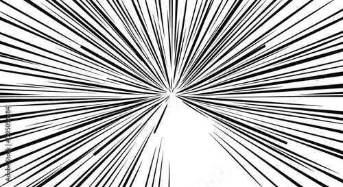 Abstract black and white radial lines converging, creating a dynamic and energetic visual effect