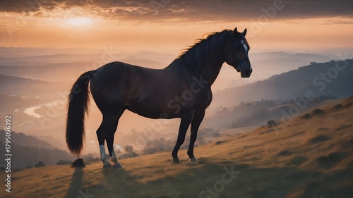 Powerful dark horse standing proud on grassy hill ridge during breathtaking golden hour sunset over vast rolling mountainous landscape