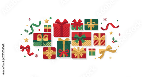 Festive gifts with colorful bows, a Christmas celebration of joy and giving, perfect for holiday promotions and seasonal marketing materials, originally vector graphics