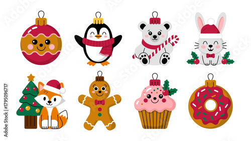 Festive Ornament Set: A collection of charming cartoon Christmas ornaments featuring diverse characters and cheerful designs, each ready to bring holiday spirit to any festive project.