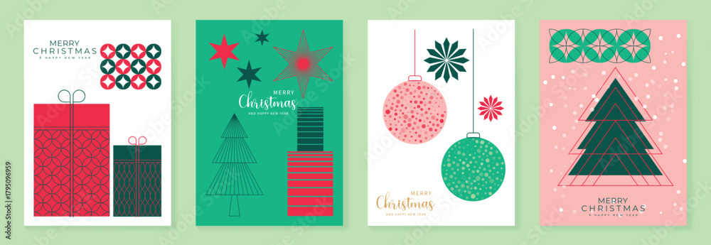 Obraz premium Christmas vector background set with gift boxes, stars, baubles and geometric trees in red, green and pastel tones — modern festive design for cards, packaging and digital prints.