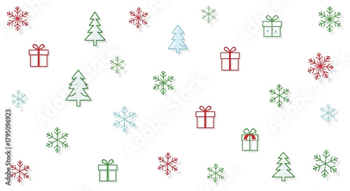 Festive Christmas Pattern with Gift Boxes, Snowflakes, and Trees for Holiday Greetings, Seasonal Designs, and Winter Celebrations, originally a scalable graphic