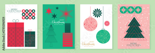 Christmas vector background set with gift boxes, stars, baubles and geometric trees in red, green and pastel tones — modern festive design for cards, packaging and digital prints.