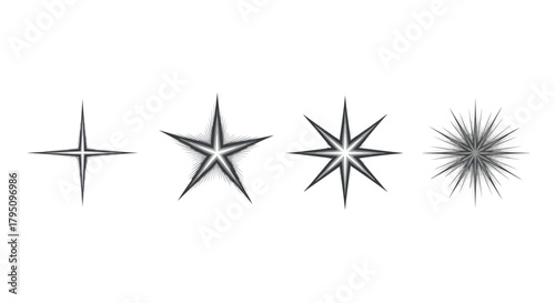 Array of Shining Stars Vector Graphic Set with Various Star Shapes and Sparkle Designs