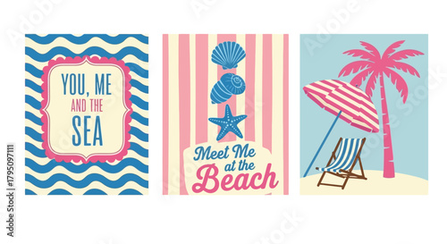Vintage Beach Themed Posters with Seashells, Palm Trees and Sea Quotes