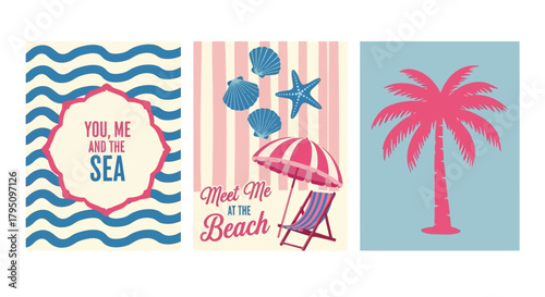 Seaside Escape Vintage Beach-Themed Illustration Set for Summer Adventures