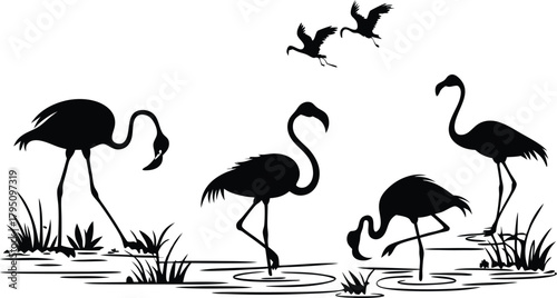 Elegant flamingo silhouette flock wading in serene water, a stylish wildlife design element perfect for branding, logos, and nature inspired projects