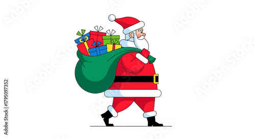 Cheerful Santa Claus Delivering Gifts in a Sack, Festive Christmas Spirit, Perfect for Holiday Cards and Seasonal Greetings, Originally a Scalable Vector Graphic