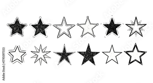 Hand-drawn stars collection with various designs and shading styles