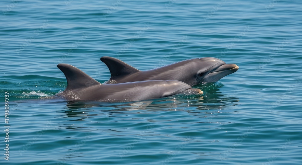 Fototapeta premium A pair of dolphins swimming together near the water surface.