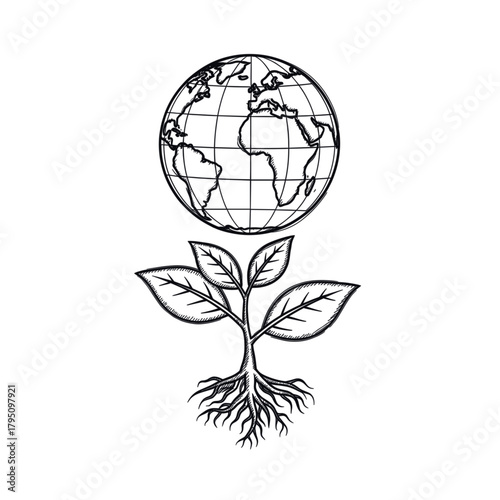 Earth with sprouting plant symbolizing sustainability, global ecology, growth, and environmental protection. Vector illustration, isolated on a transparent background. Sketch style