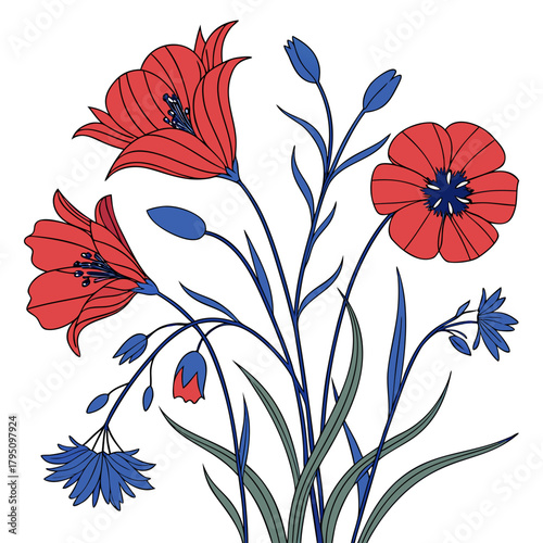 A stylized illustration of red lilies and blue cornflowers with green leaves on a white background