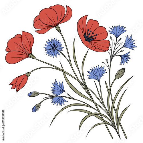 A beautiful illustration of a bouquet of red poppies and blue cornflowers with green stems and leaves