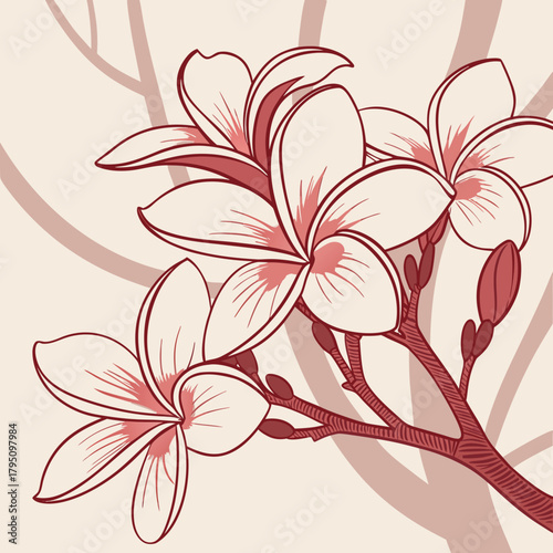 Elegant minimalist illustration of blush pink plumeria flowers and buds on a branch against a soft beige background