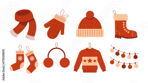 Festive Winter Apparel: A delightful assortment of seasonal garments and accessories, including a warm scarf, cozy mittens, a stylish hat, charming boot, festive sock, earmuffs, warm sweater.