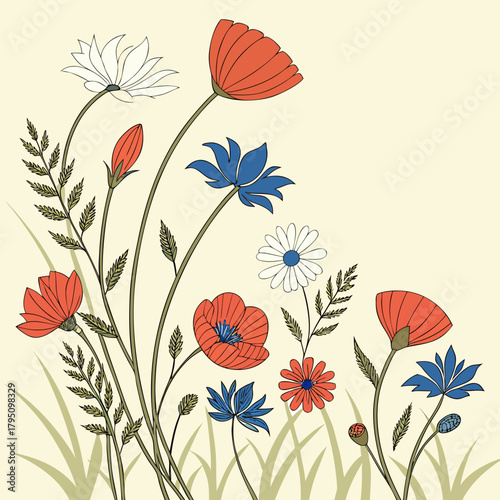 Stylized illustration of red poppies blue cornflowers and white daisies with green leaves and grass on a cream background