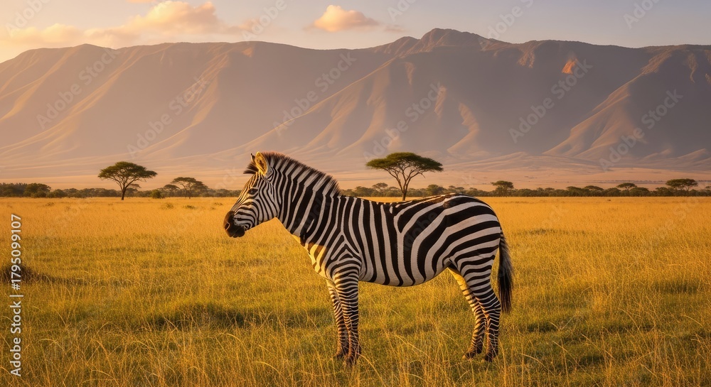 Obraz premium A zebra standing on the grassland with mountains in the background