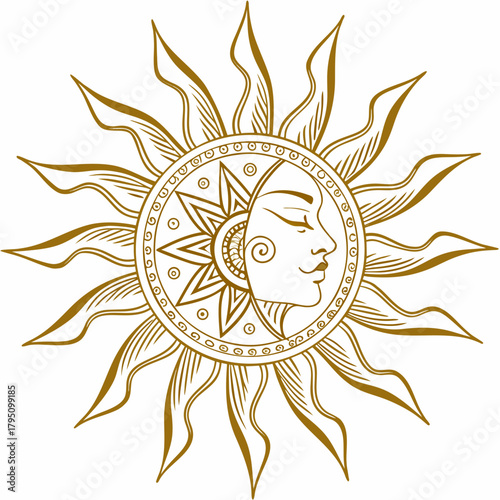 Stylized golden sun face with closed eyes and radiant rays in a decorative circular pattern