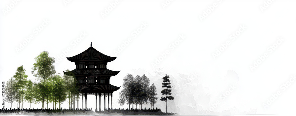Obraz premium Elegant Chinese pagoda surrounded by lush trees, showcasing traditional architecture and serene landscape