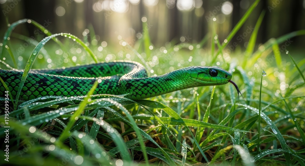 Obraz premium A green snake slithering through tall grass in the forest.